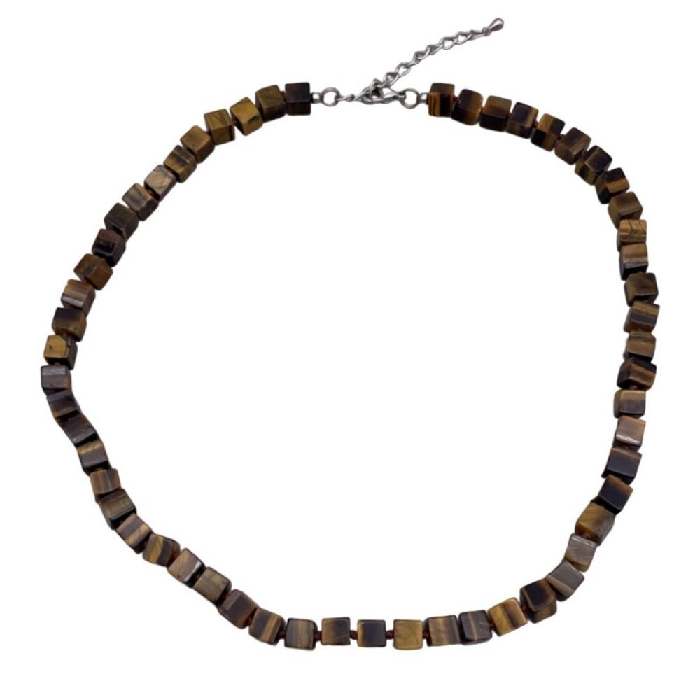 Tiger Eye Chunky Cubes Necklace Silver Tone Lobster Closure 17 to 19 Inch